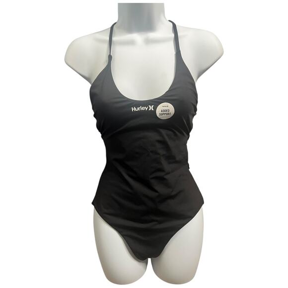 Hurley Black Solid One-Piece Swimsuit lace up open back white logo Medium NWT - Picture 5 of 8